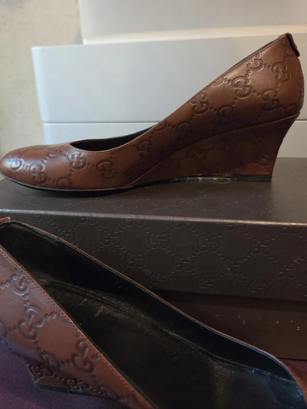 GUCCI Brown Leather GG Logo Wedge Pumps Shoes Women Size 38 US 7.5
